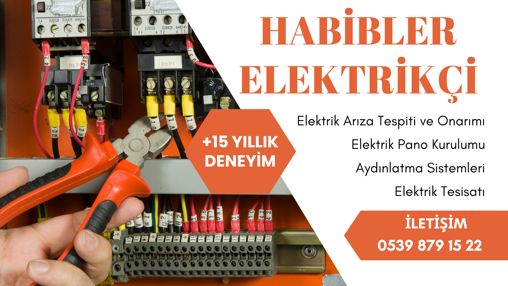 Habibler elektrikçi banner görseli – hizmetler ve iletişim bilgileriyle profesyonel elektrikçi ilanı.