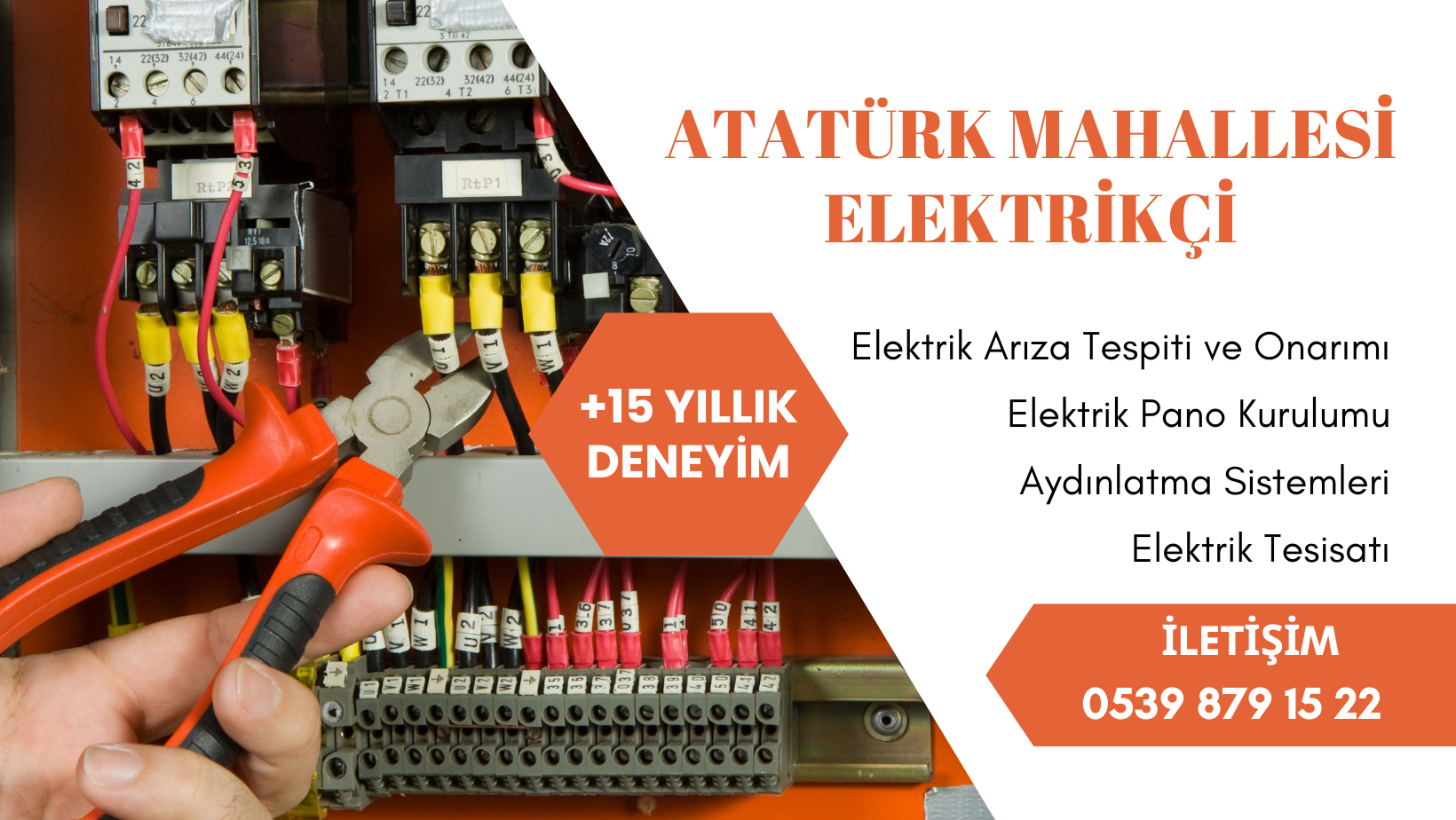 Atatürk Mahallesi Elektrikçi banner görseli – hizmetler ve iletişim bilgileriyle profesyonel elektrikçi ilanı.