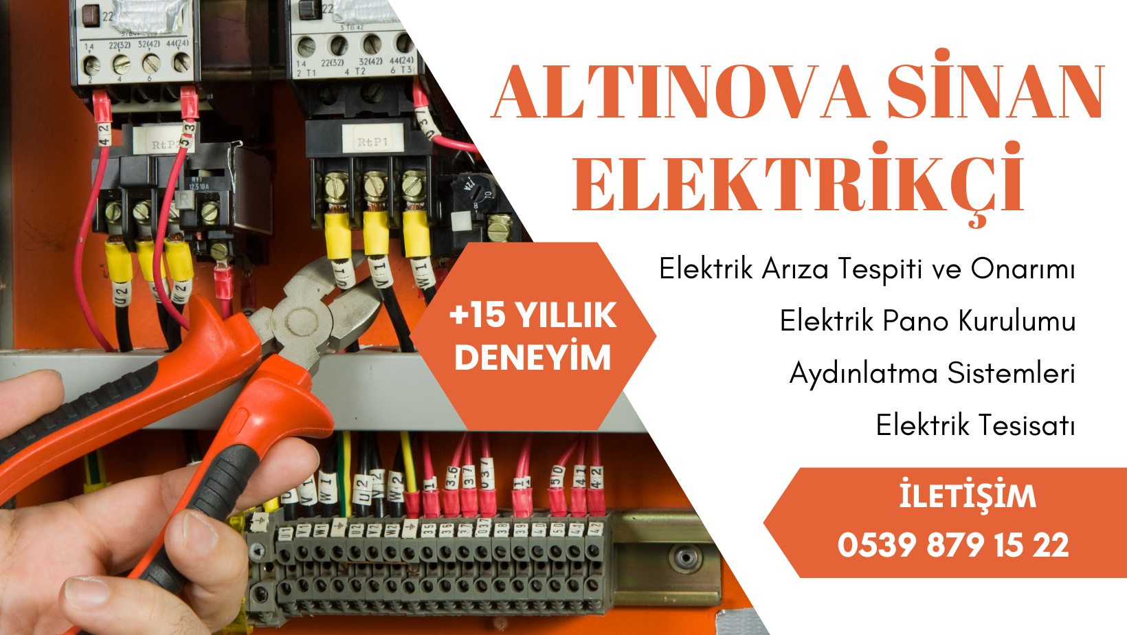 Altınova Sinan elektrikçi banner görseli – hizmetler ve iletişim bilgileriyle profesyonel elektrikçi ilanı.