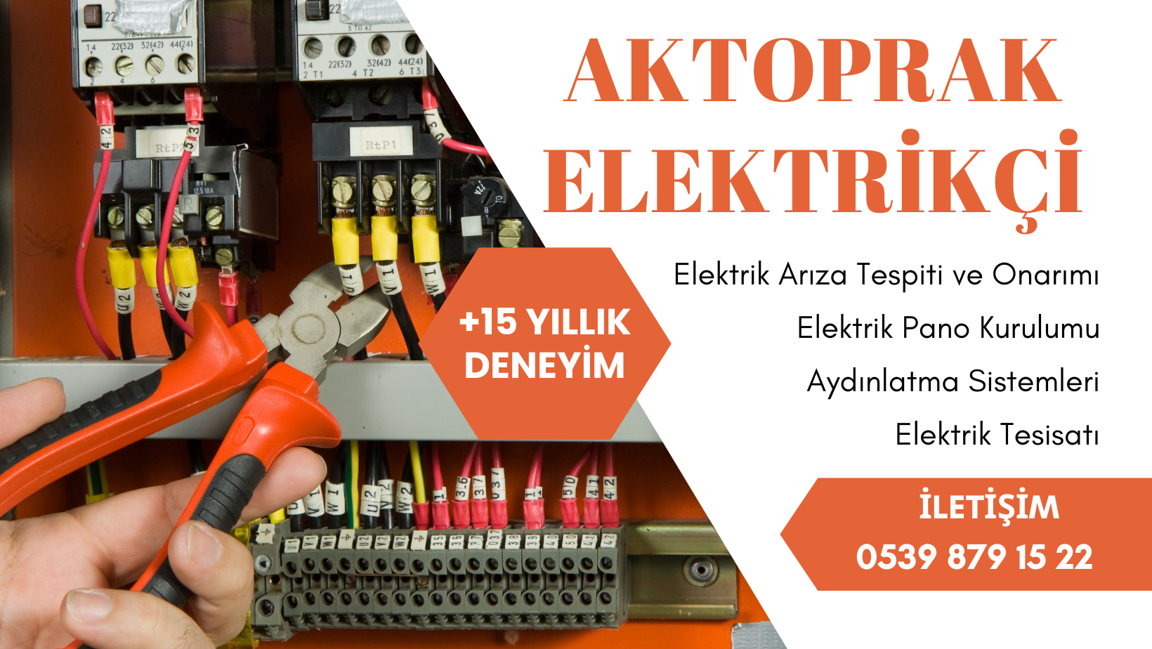 Aktoprak elektrikçi banner görseli – hizmetler ve iletişim bilgileriyle profesyonel elektrikçi ilanı.