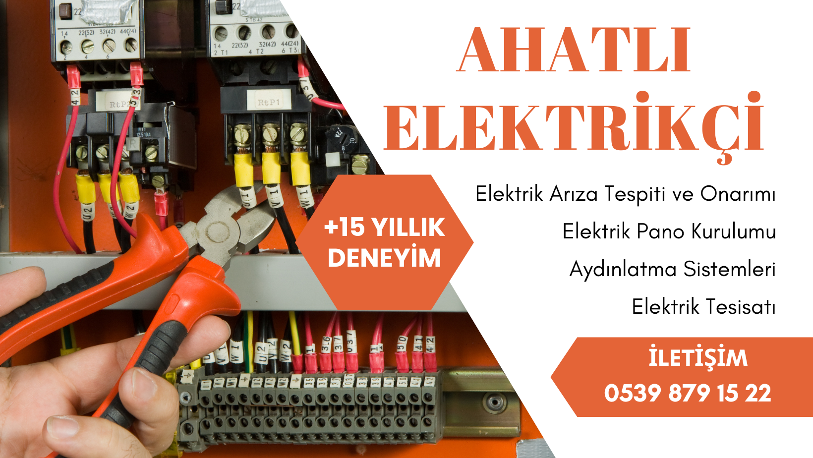 Ahatlı elektrikçi banner görseli – hizmetler ve iletişim bilgileriyle profesyonel elektrikçi ilanı.