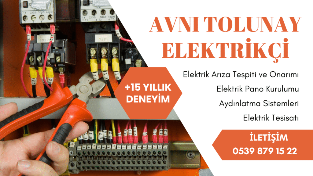 Avni Tolunay Elektrikçi banner görseli – hizmetler ve iletişim bilgileriyle profesyonel elektrikçi ilanı.