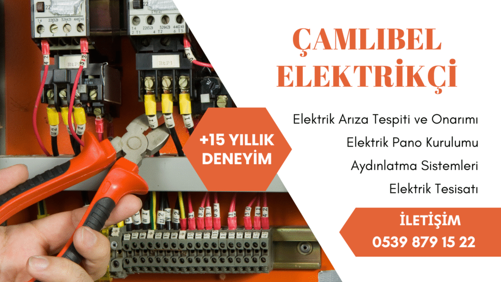 Çamlıbel Elektrikçi banner görseli – hizmetler ve iletişim bilgileriyle profesyonel elektrikçi ilanı.